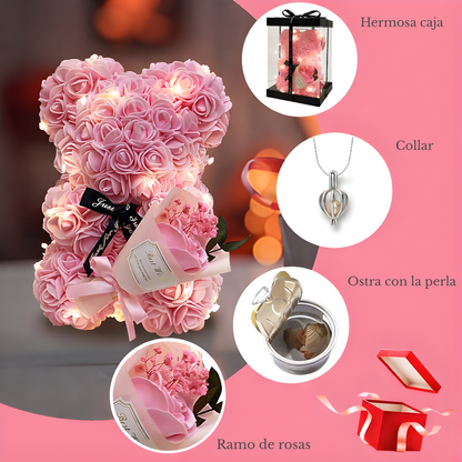 Oso de Rosas con Collar de Perla Sorpresa – Regalo Romántico